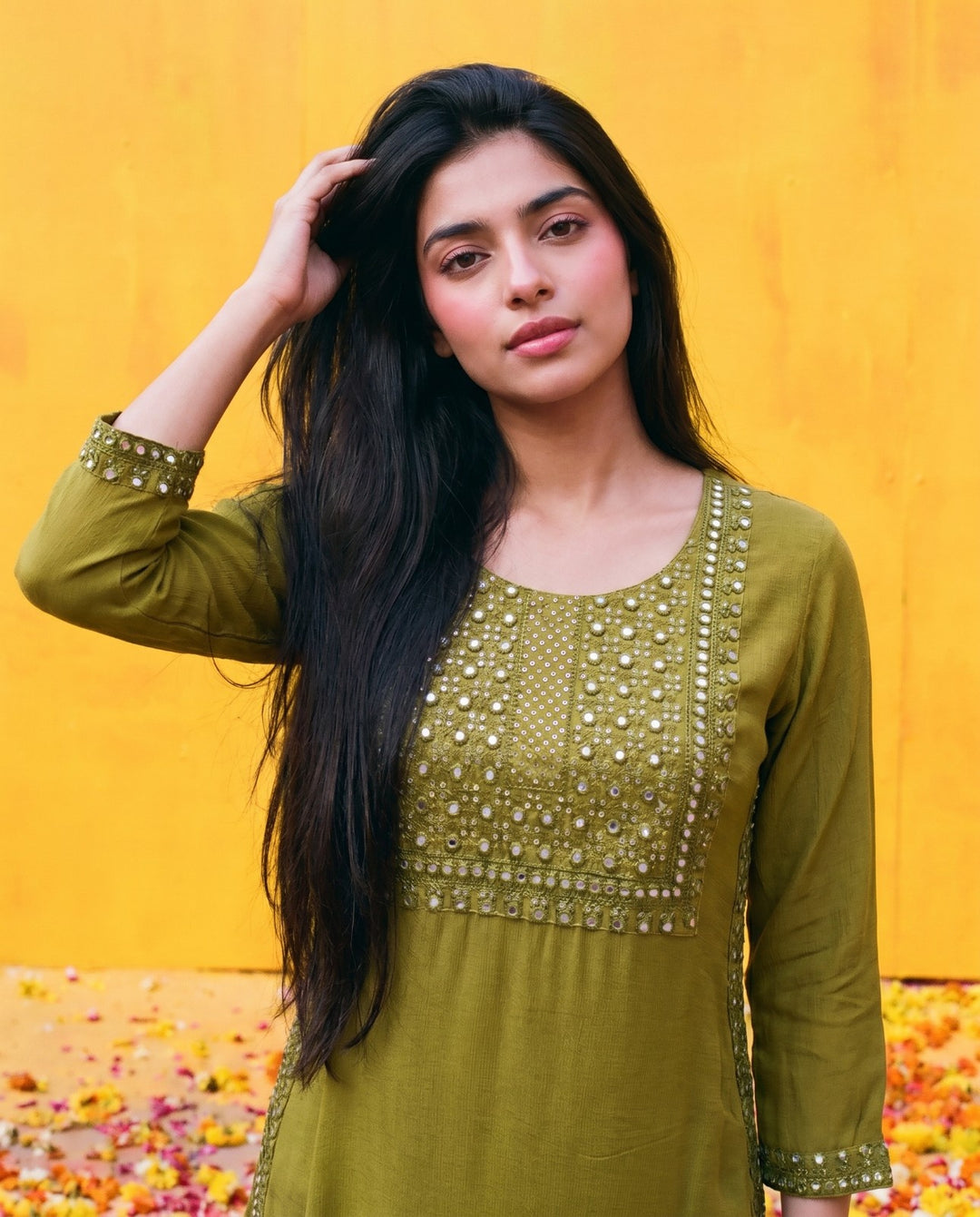 Olive Embroidered Viscose Blended Straight Cut Long Kurta