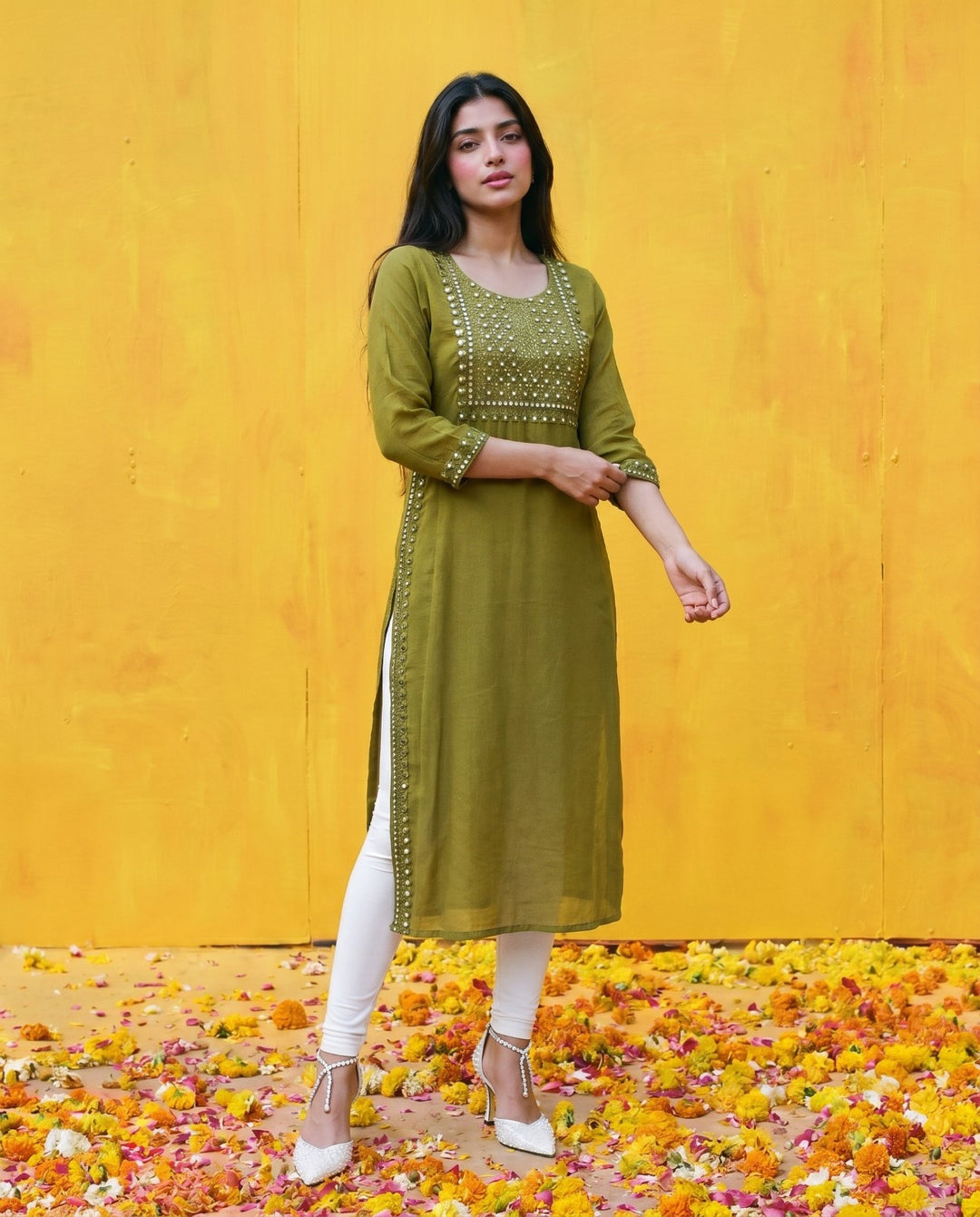 Olive Embroidered Viscose Blended Straight Cut Long Kurta