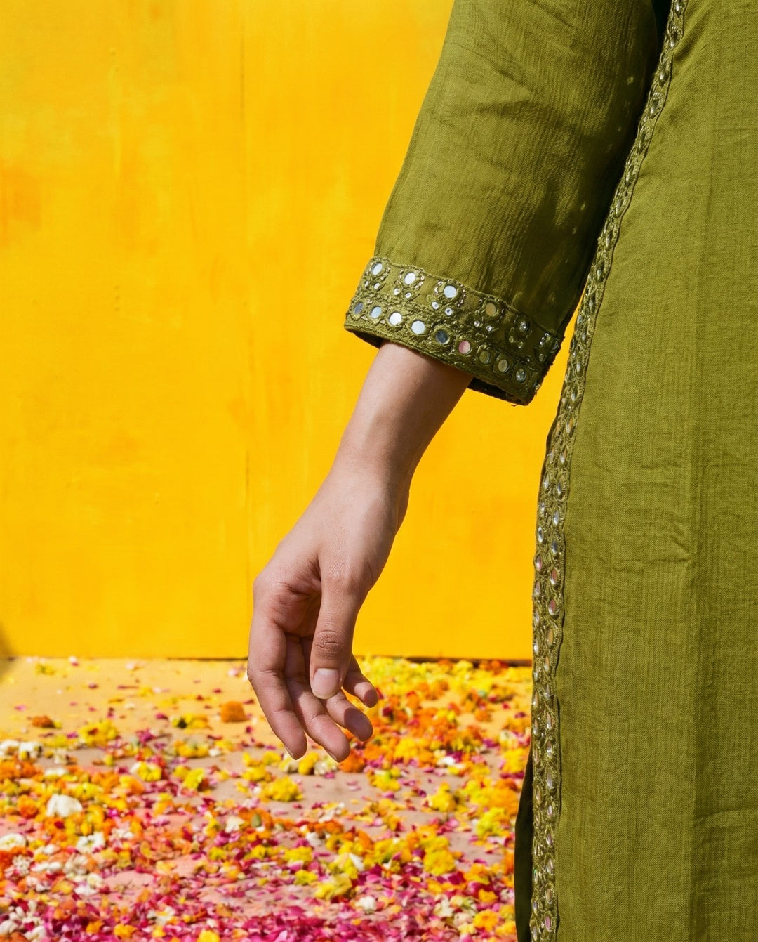 Olive Embroidered Viscose Blended Straight Cut Long Kurta