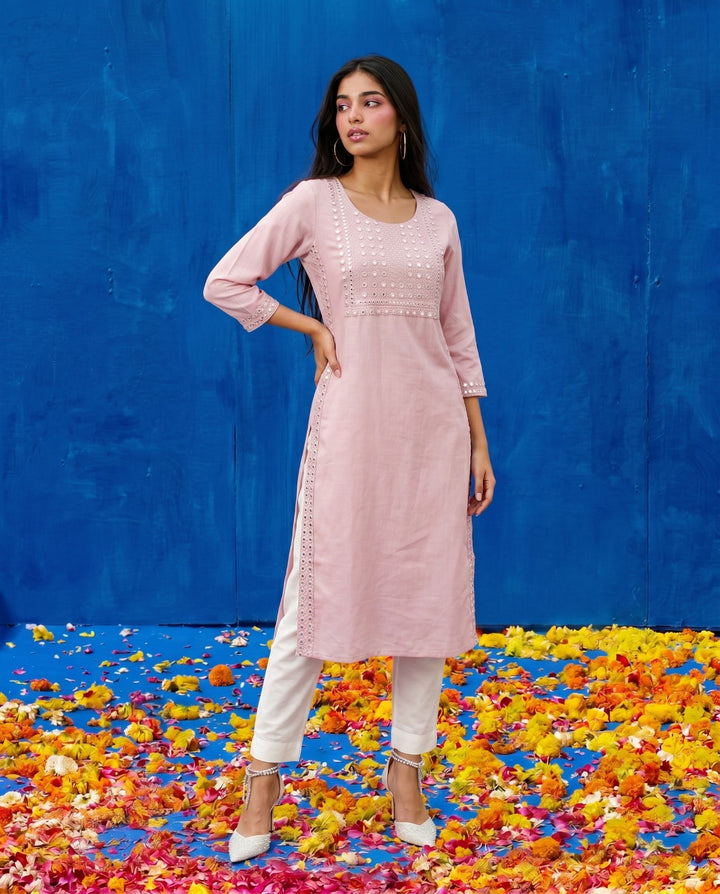 Pink Embroidered Viscose Blended Straight cut Long Kurta