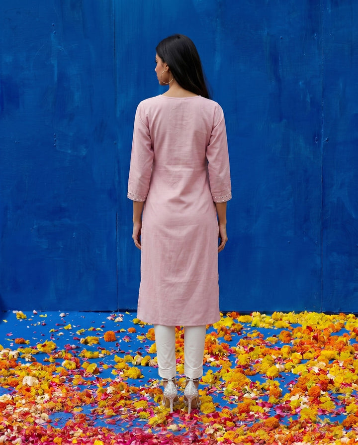 Pink Embroidered Viscose Blended Straight cut Long Kurta