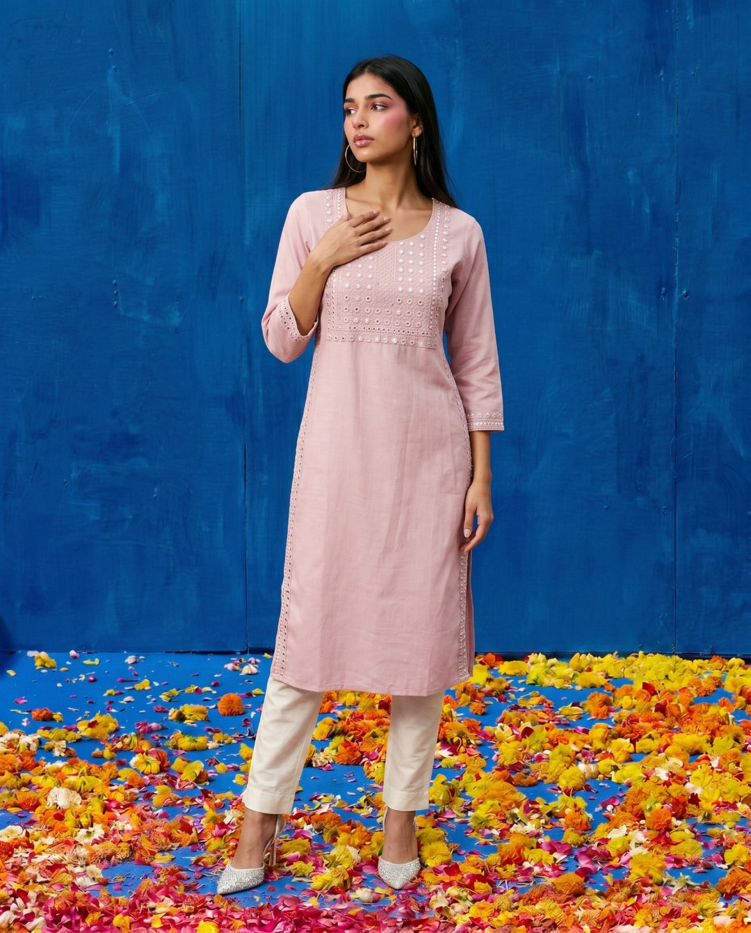 Pink Embroidered Viscose Blended Straight cut Long Kurta