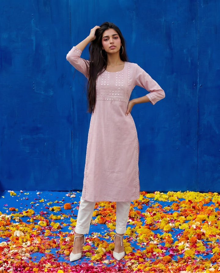 Pink Embroidered Viscose Blended Straight cut Long Kurta