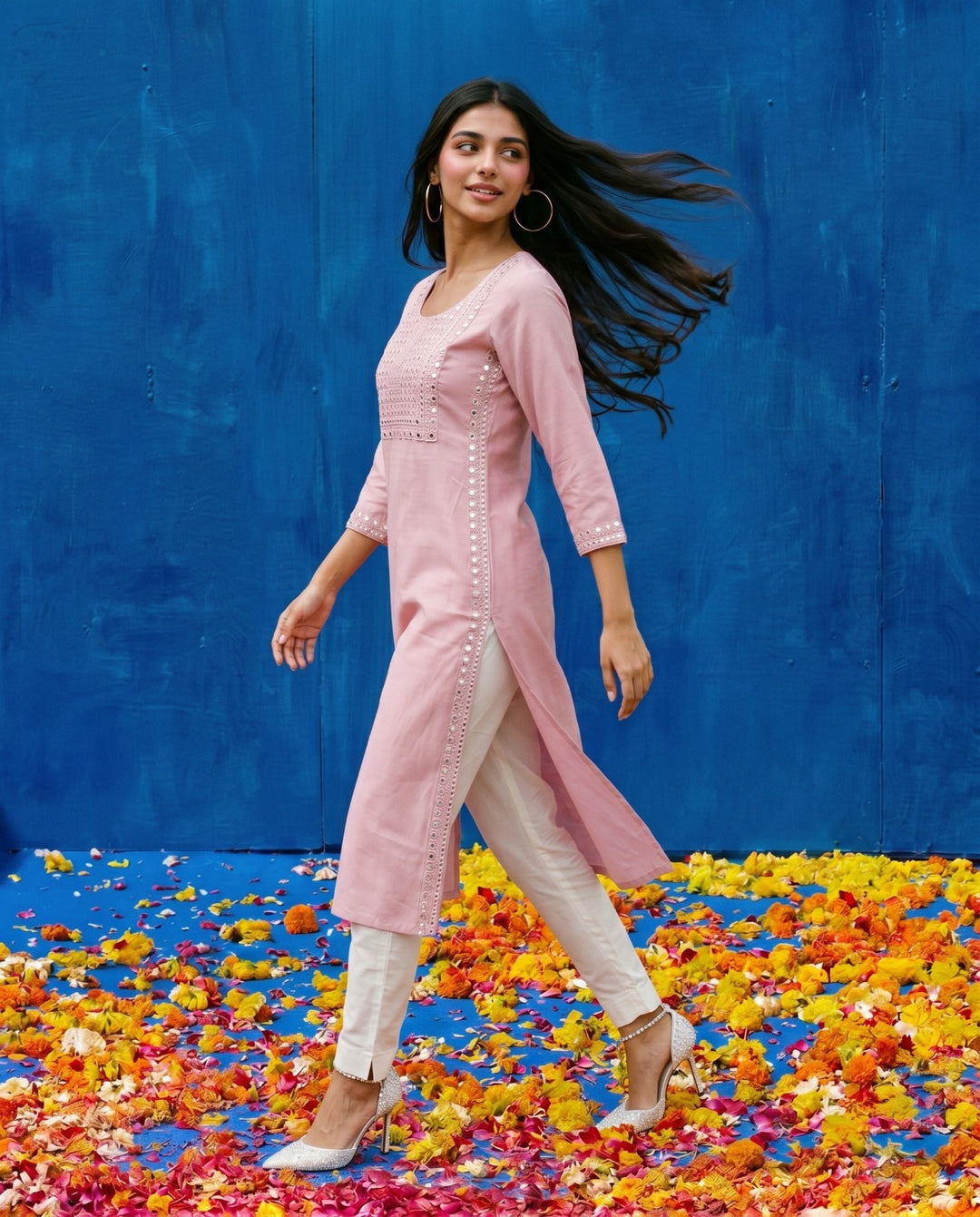 Pink Embroidered Viscose Blended Straight cut Long Kurta