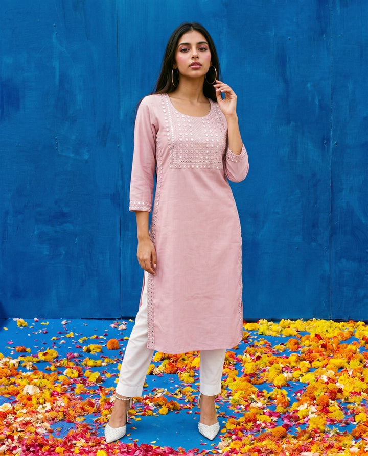 Pink Embroidered Viscose Blended Straight cut Long Kurta