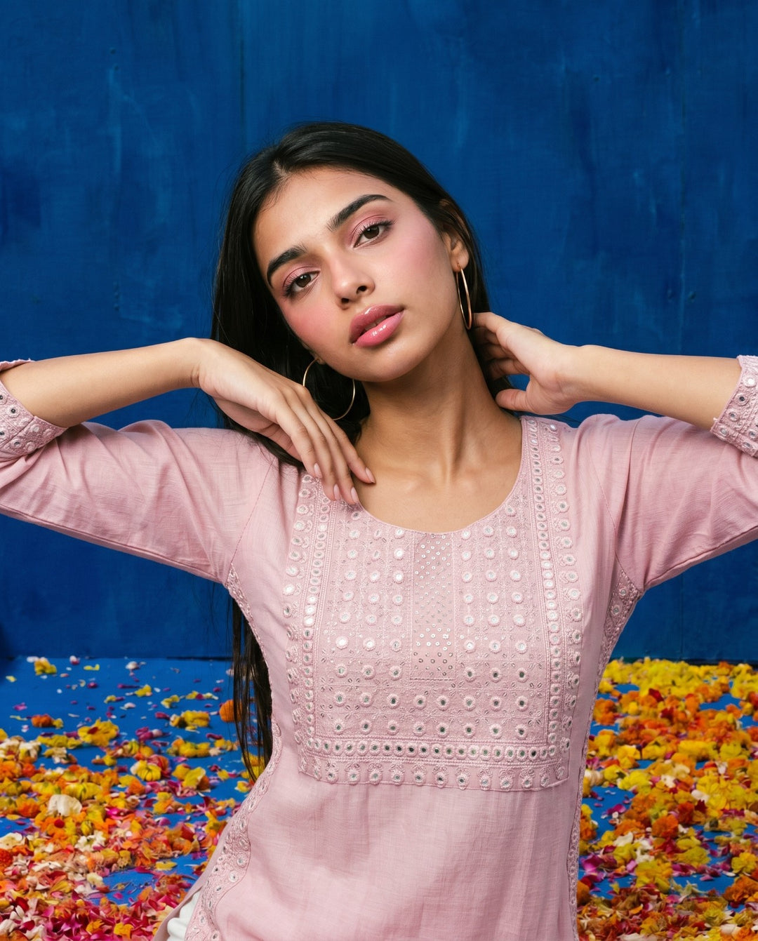 Pink Embroidered Viscose Blended Straight cut Long Kurta