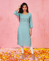 Sky Blue Embroidered Viscose Blended Straight Cut Long Kurta