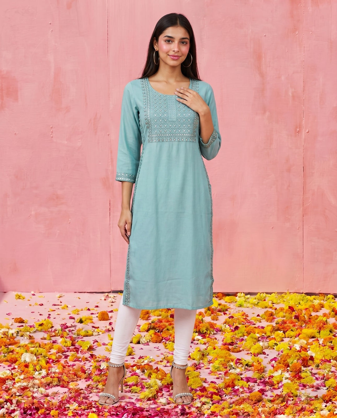 Sky Blue Embroidered Viscose Blended Straight Cut Long Kurta