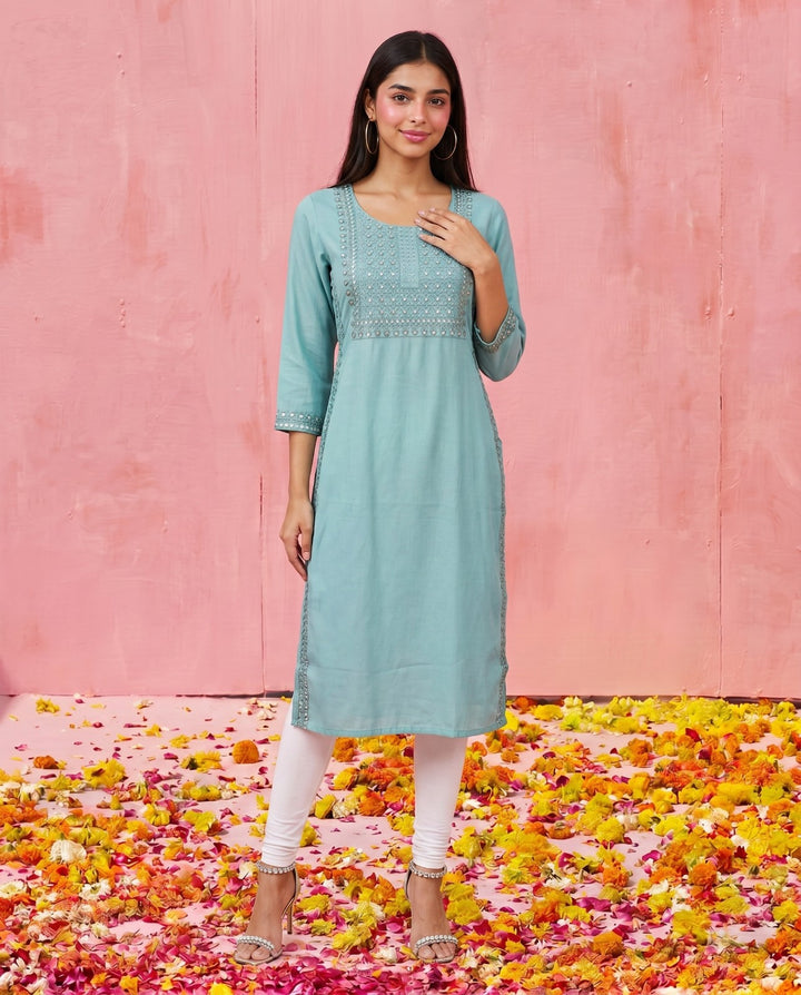 Sky Blue Embroidered Viscose Blended Straight Cut Long Kurta