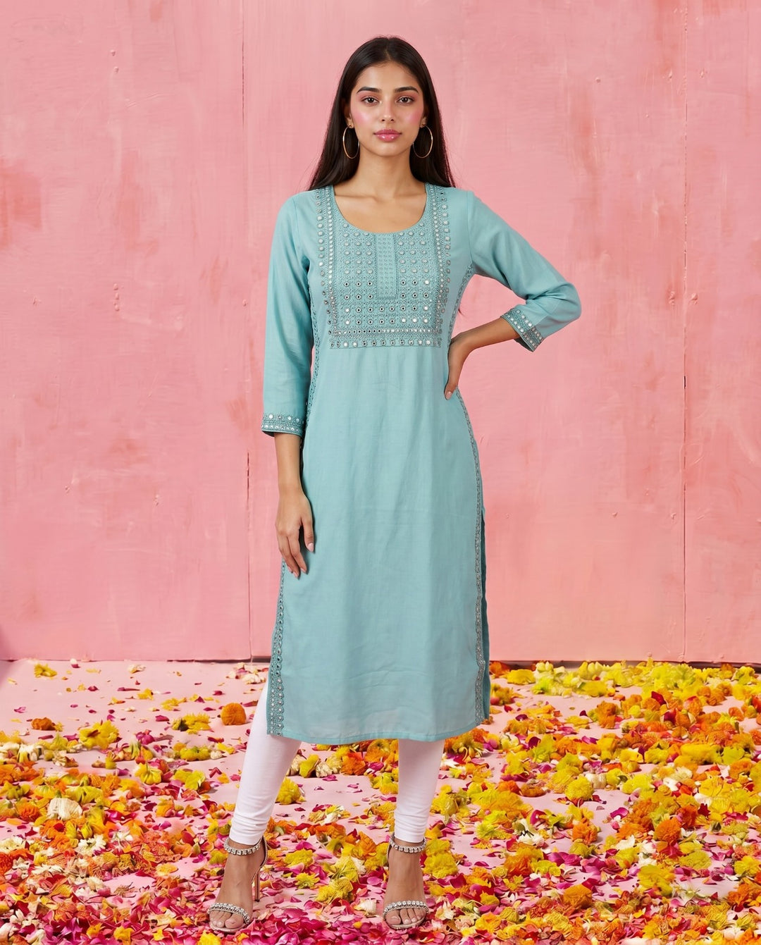 Sky Blue Embroidered Viscose Blended Straight Cut Long Kurta