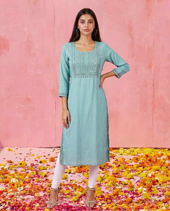 Sky Blue Embroidered Viscose Blended Straight Cut Long Kurta