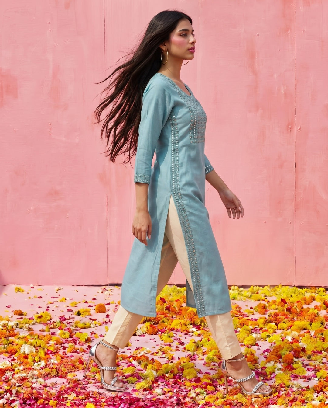 Sky Blue Embroidered Viscose Blended Straight Cut Long Kurta