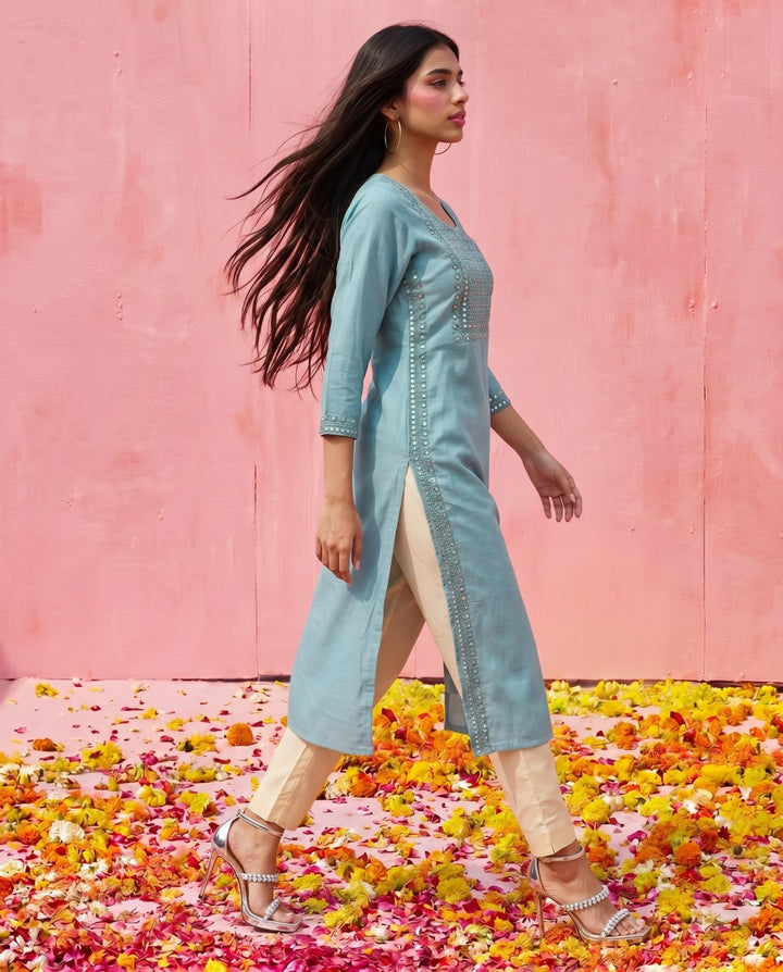 Sky Blue Embroidered Viscose Blended Straight Cut Long Kurta