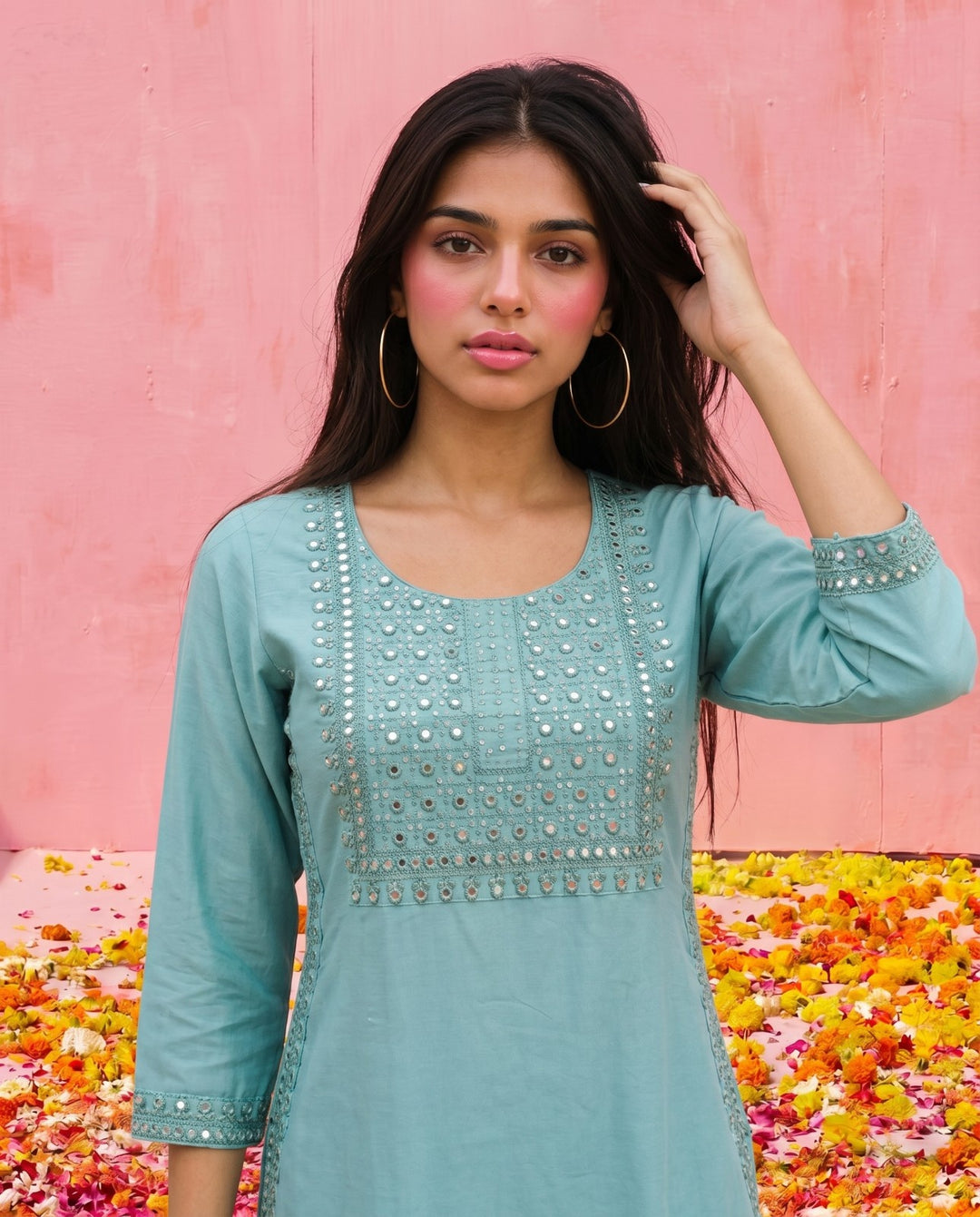 Sky Blue Embroidered Viscose Blended Straight Cut Long Kurta