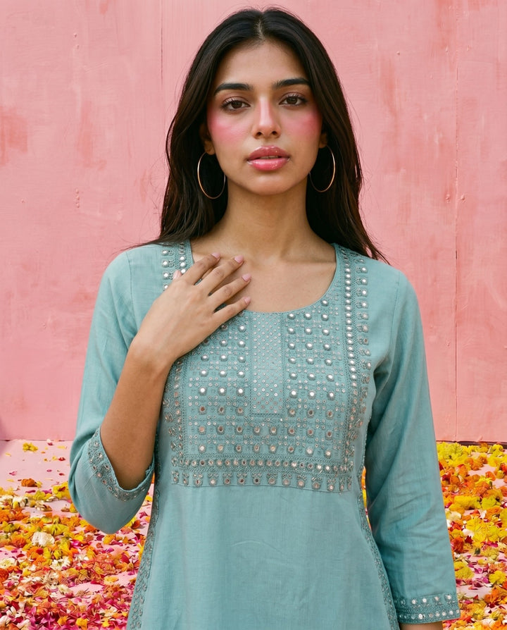 Sky Blue Embroidered Viscose Blended Straight Cut Long Kurta