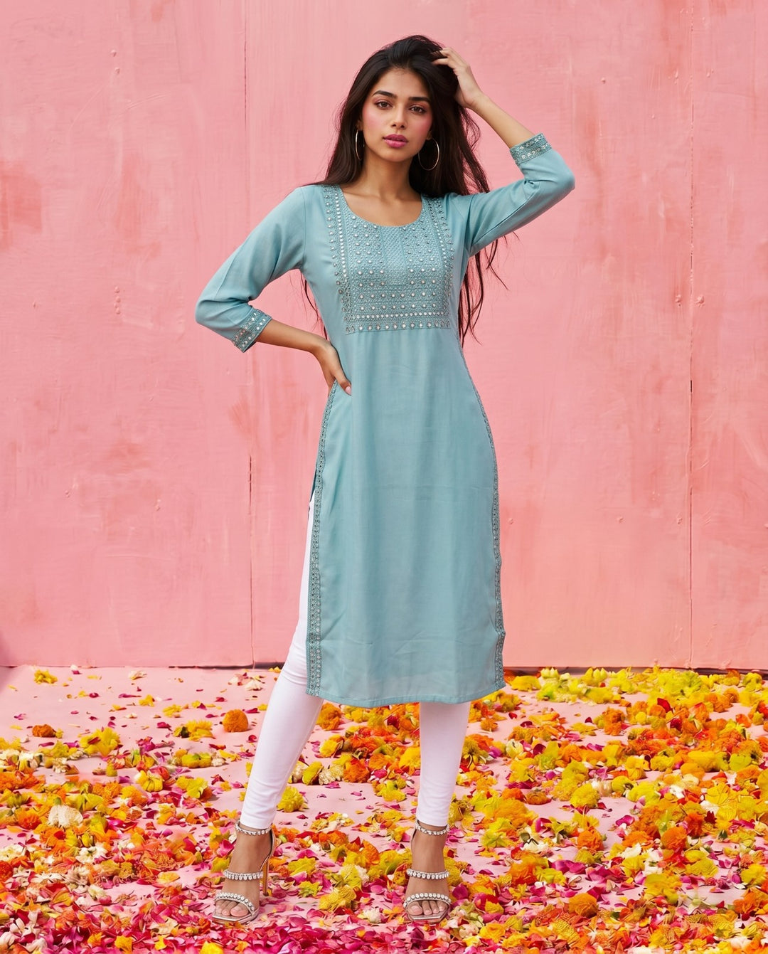 Sky Blue Embroidered Viscose Blended Straight Cut Long Kurta