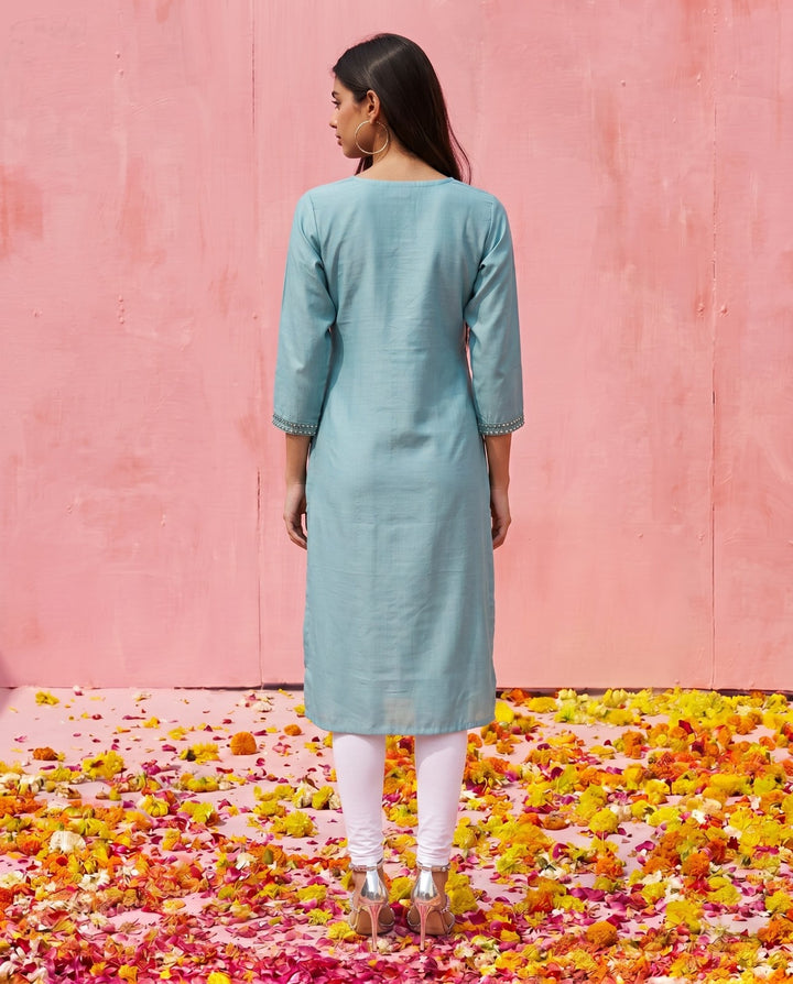 Sky Blue Embroidered Viscose Blended Straight Cut Long Kurta