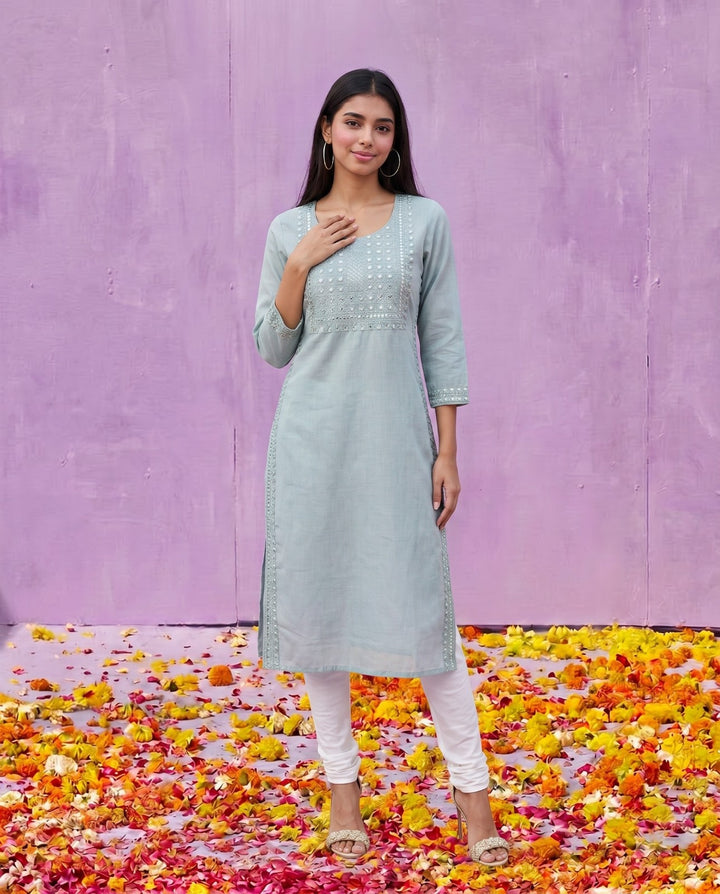 Silver Embroidered Viscose Blended Straight cut Long Kurta