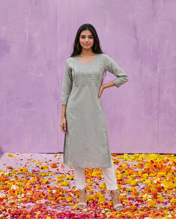 Silver Embroidered Viscose Blended Straight cut Long Kurta