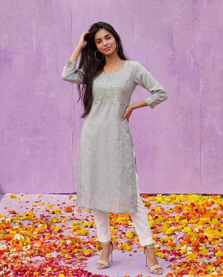 Silver Embroidered Viscose Blended Straight cut Long Kurta