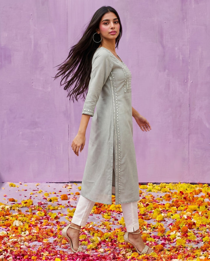 Silver Embroidered Viscose Blended Straight cut Long Kurta