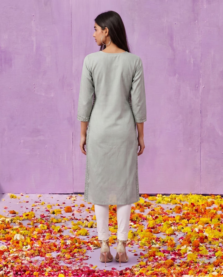 Silver Embroidered Viscose Blended Straight cut Long Kurta