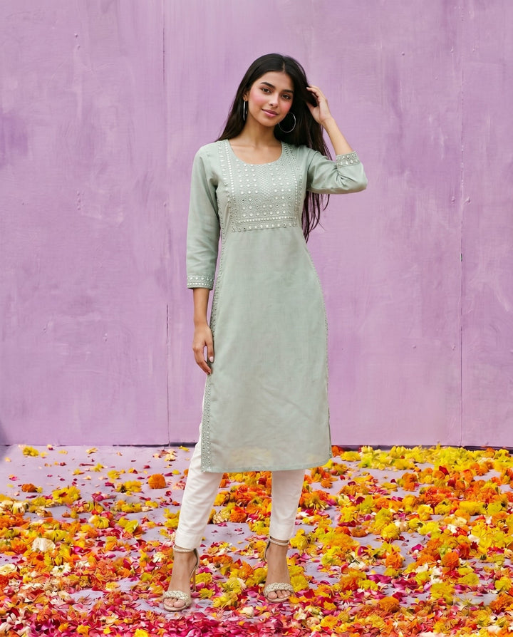Silver Embroidered Viscose Blended Straight cut Long Kurta