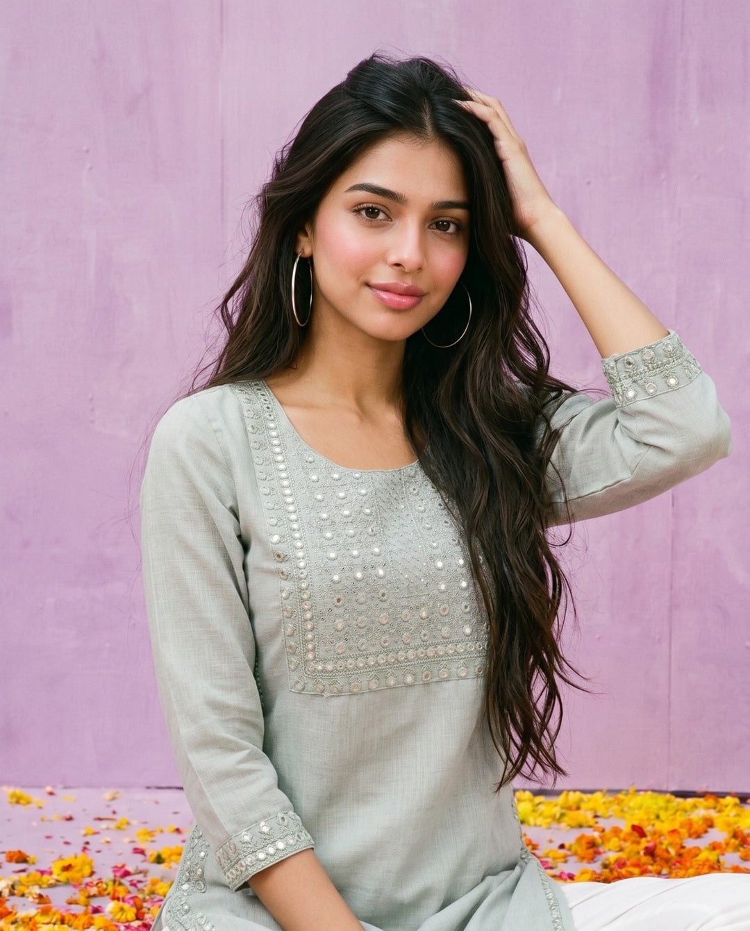 Silver Embroidered Viscose Blended Straight cut Long Kurta