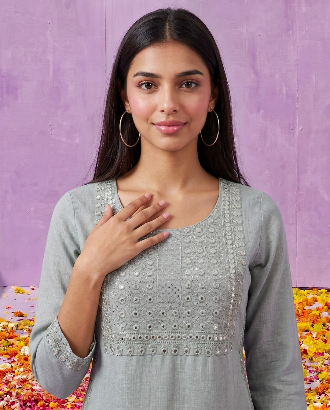Silver Embroidered Viscose Blended Straight cut Long Kurta