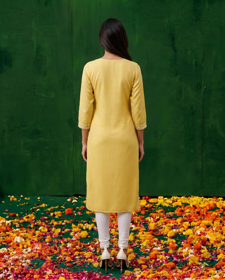Yellow Embroidered Viscose Blended Straight Cut Long Kurta