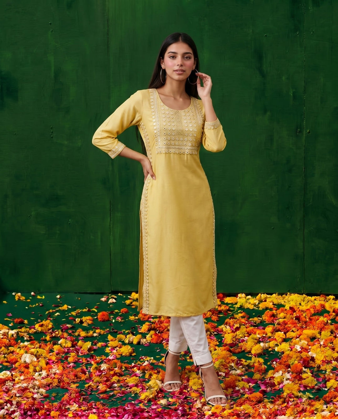 Yellow Embroidered Viscose Blended Straight Cut Long Kurta