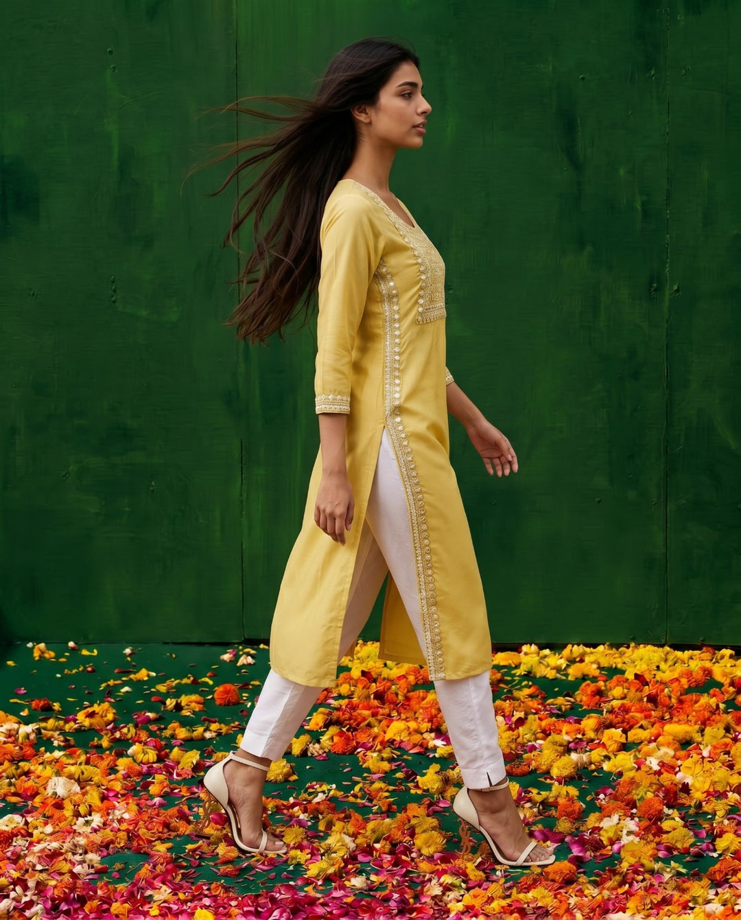 Yellow Embroidered Viscose Blended Straight Cut Long Kurta