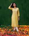 Yellow Embroidered Viscose Blended Straight Cut Long Kurta