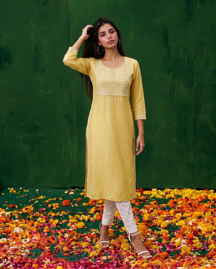 Yellow Embroidered Viscose Blended Straight Cut Long Kurta