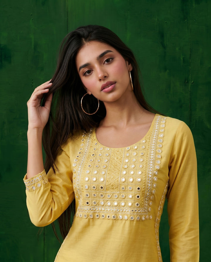 Yellow Embroidered Viscose Blended Straight Cut Long Kurta
