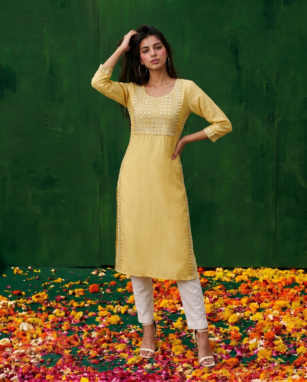 Yellow Embroidered Viscose Blended Straight Cut Long Kurta