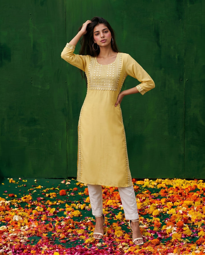 Yellow Embroidered Viscose Blended Straight Cut Long Kurta