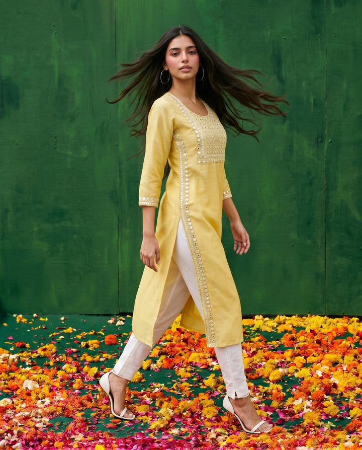 Yellow Embroidered Viscose Blended Straight Cut Long Kurta