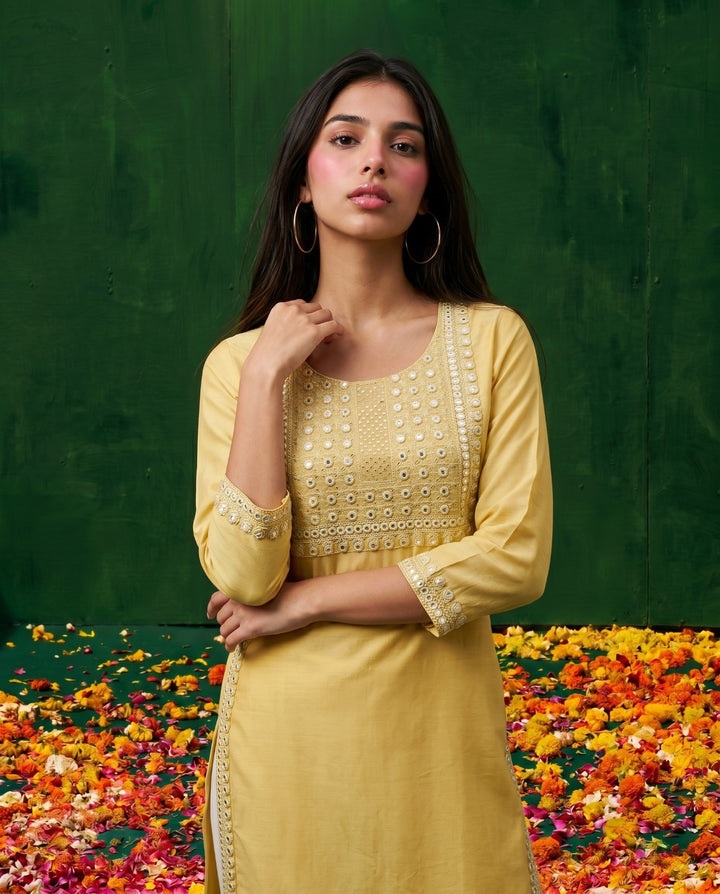 Yellow Embroidered Viscose Blended Straight Cut Long Kurta