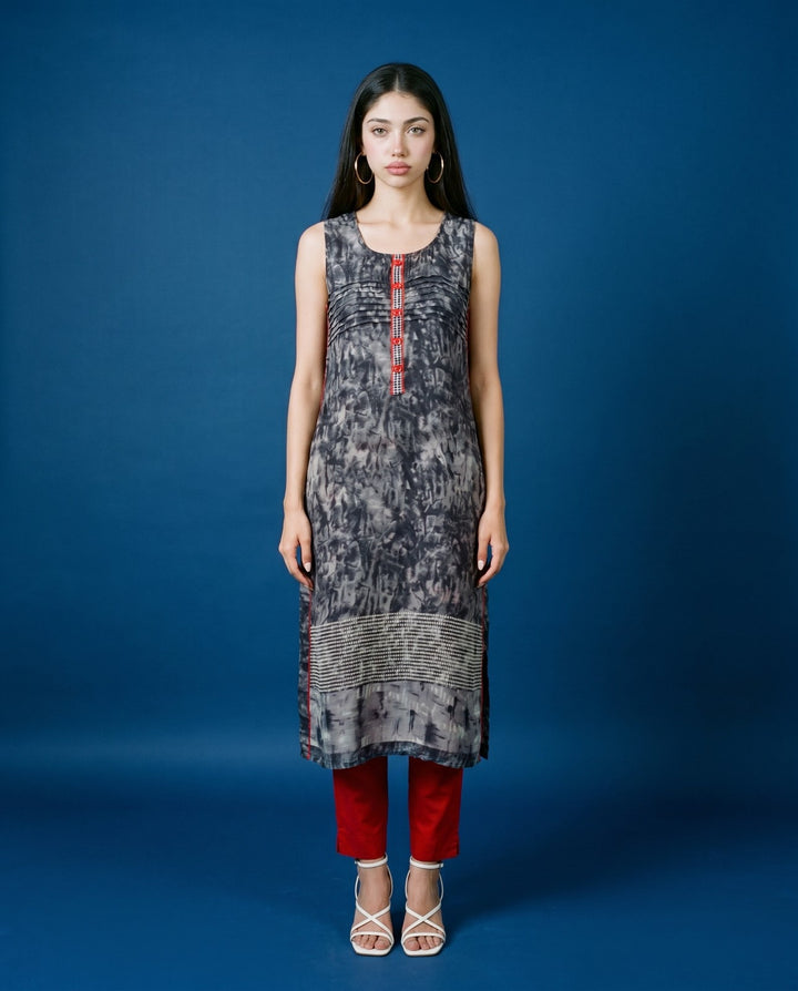 Black Printed Viscose Blended Straight cut Long Kurta