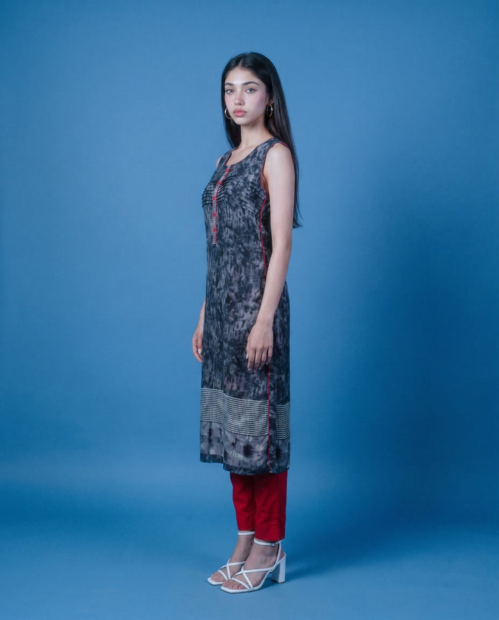 Black Printed Viscose Blended Straight cut Long Kurta