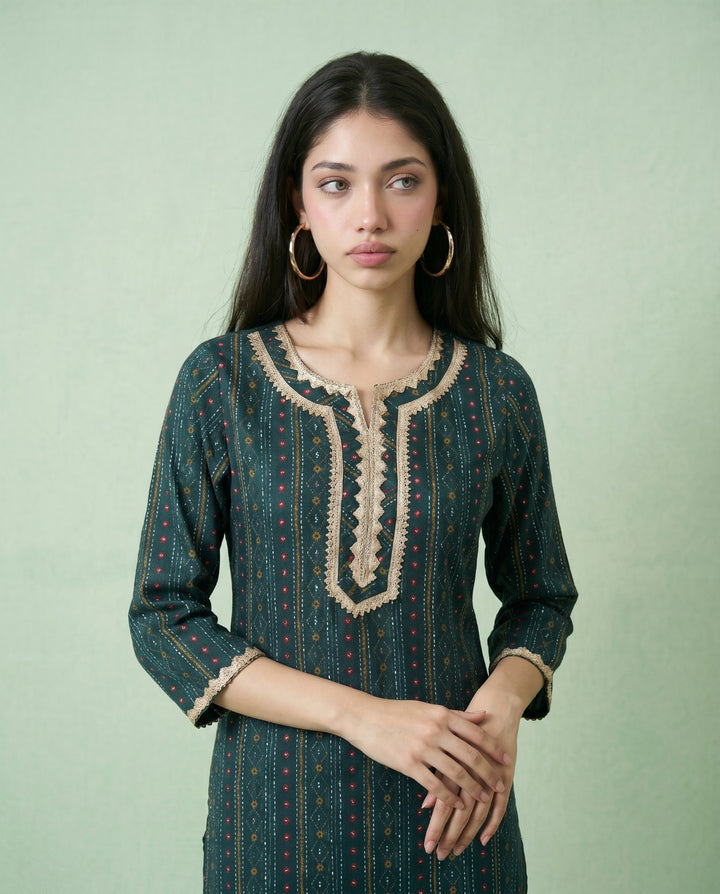 Teal Blue Embroidered Viscose Blended Straight cut Long Kurta