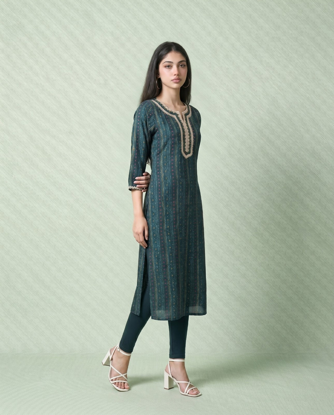 Teal Blue Embroidered Viscose Blended Straight cut Long Kurta