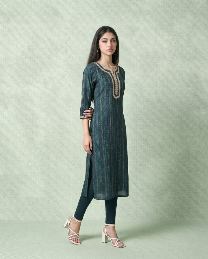Teal Blue Embroidered Viscose Blended Straight cut Long Kurta
