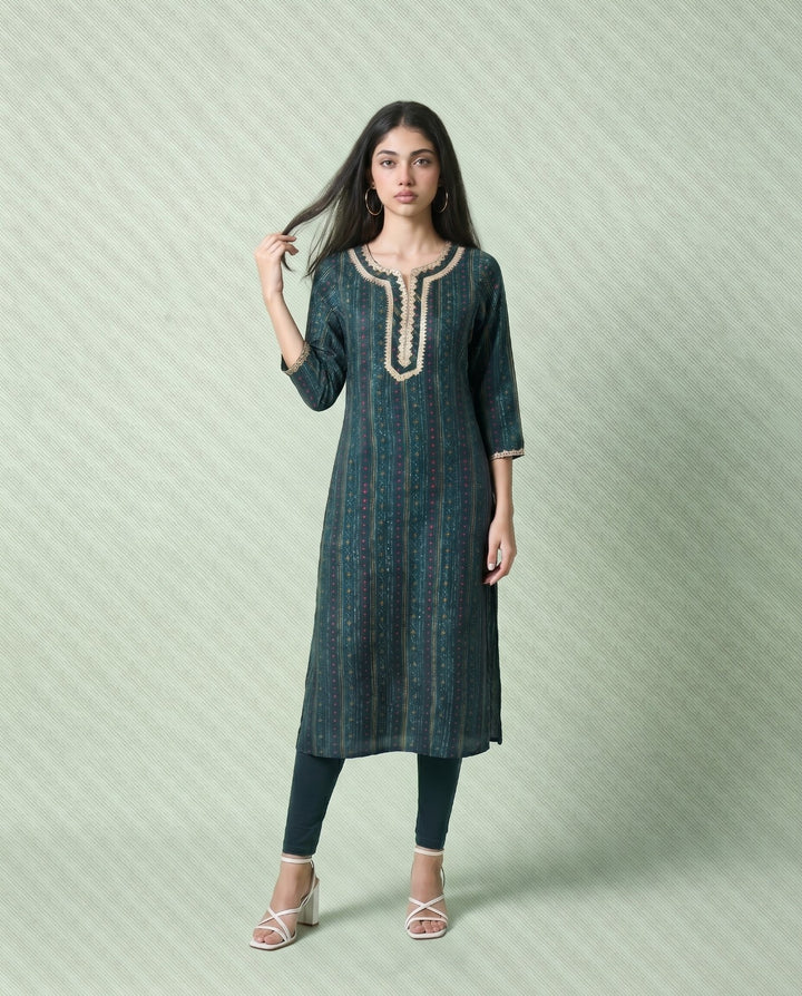 Teal Blue Embroidered Viscose Blended Straight cut Long Kurta