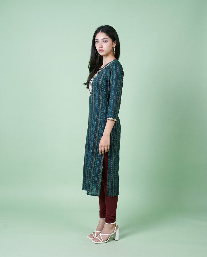 Teal Blue Embroidered Viscose Blended Straight cut Long Kurta