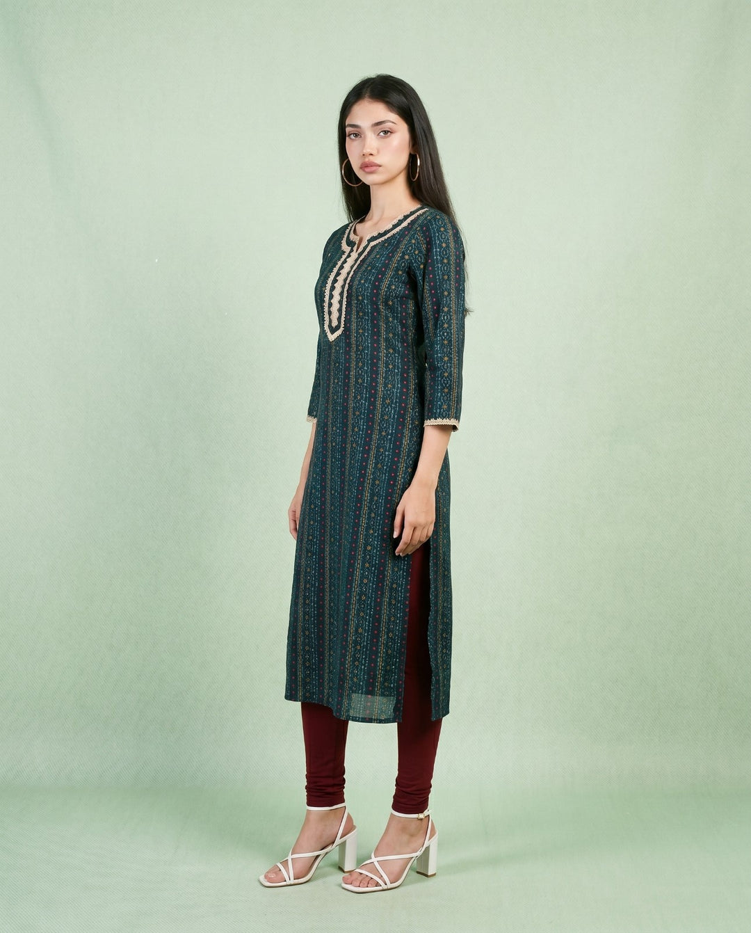 Teal Blue Embroidered Viscose Blended Straight cut Long Kurta