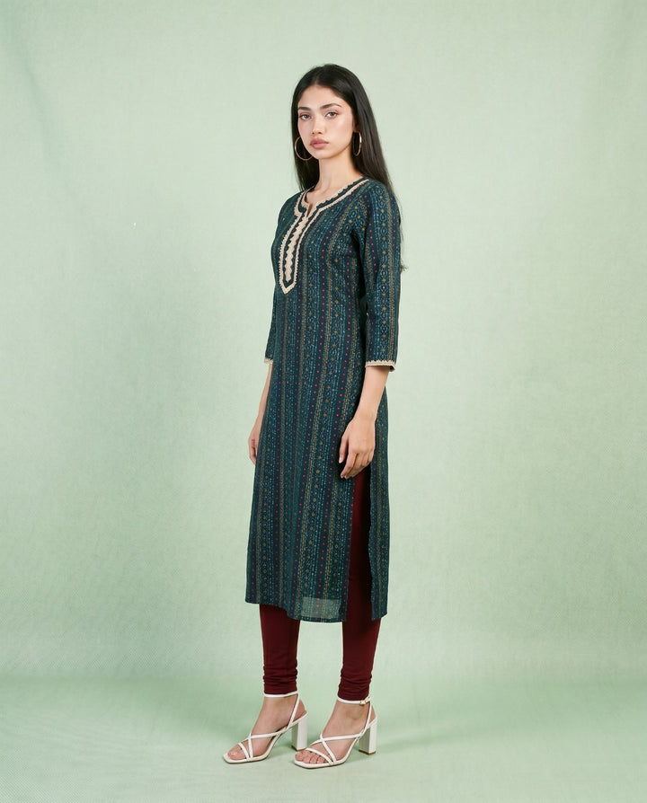 Teal Blue Embroidered Viscose Blended Straight cut Long Kurta