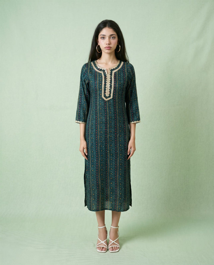 Teal Blue Embroidered Viscose Blended Straight cut Long Kurta