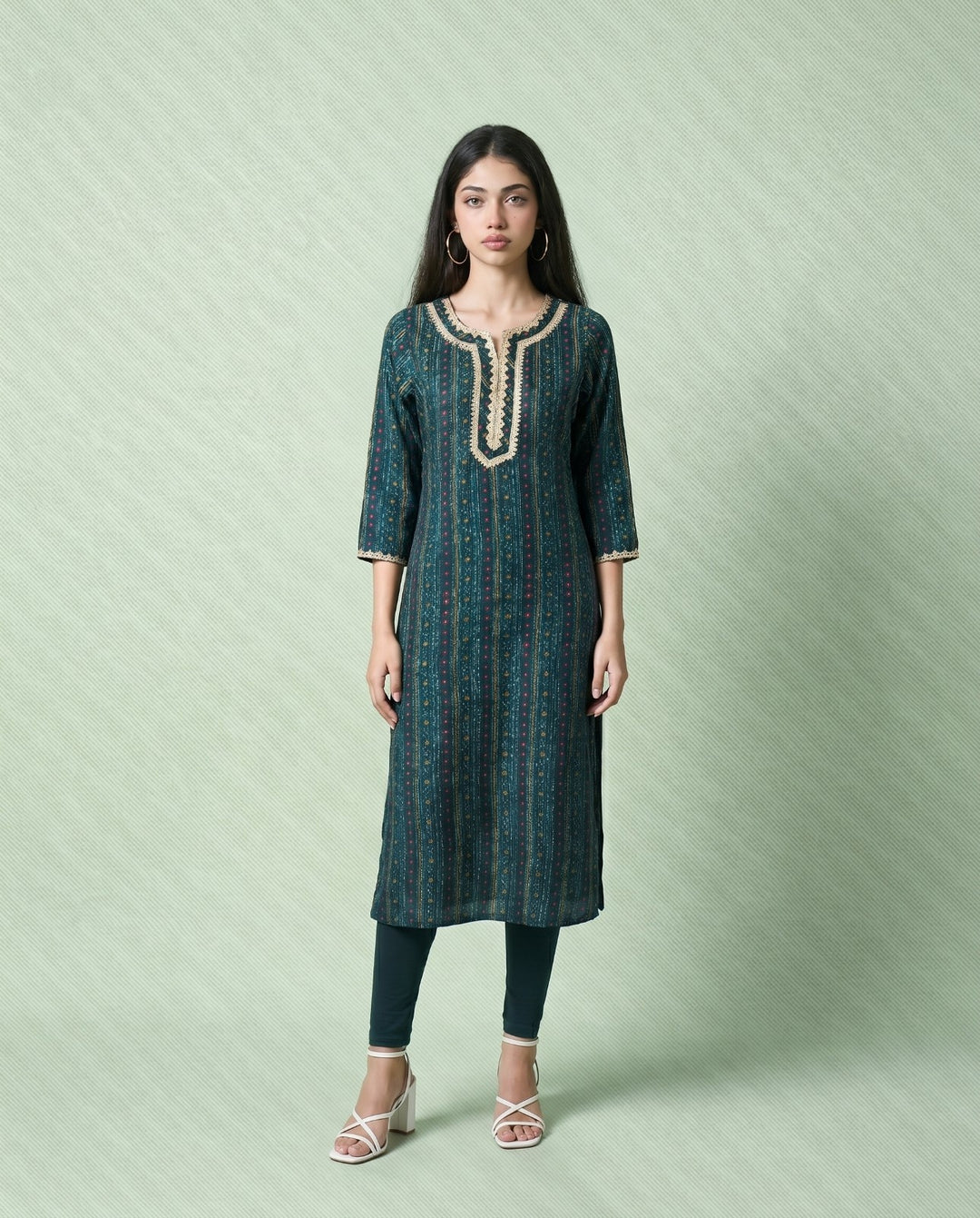 Teal Blue Embroidered Viscose Blended Straight cut Long Kurta